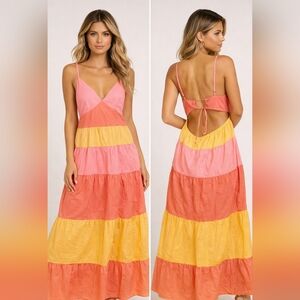 LIFE Love Is For Eternity Colorblock Maxi Dress Pink Yellow Cotton Boho XL